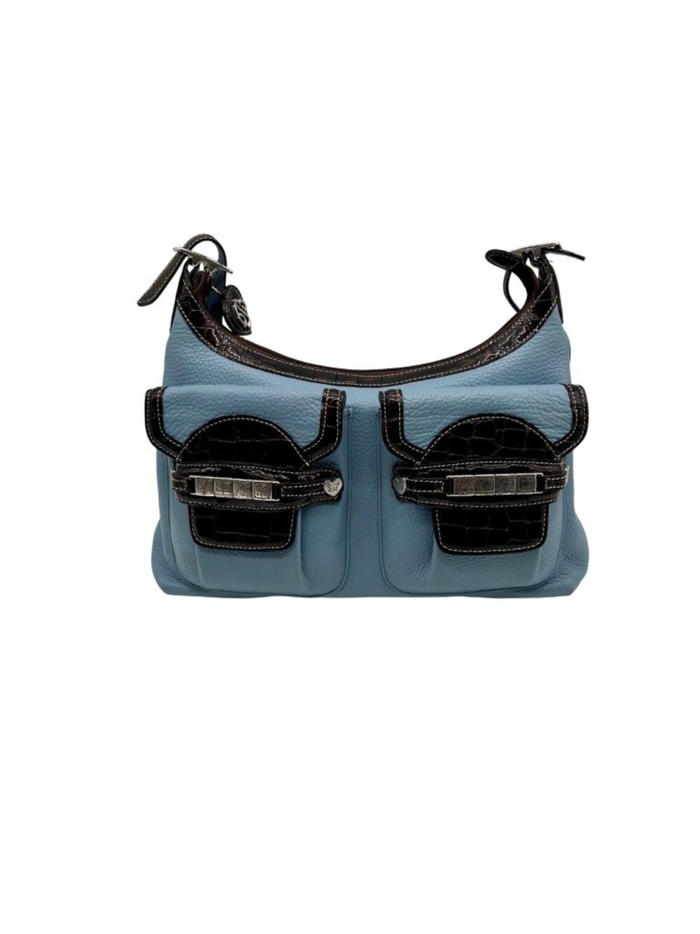 Brighton Sky Blue Pebbled Leather And Croc-Embossed Shoulder Bag